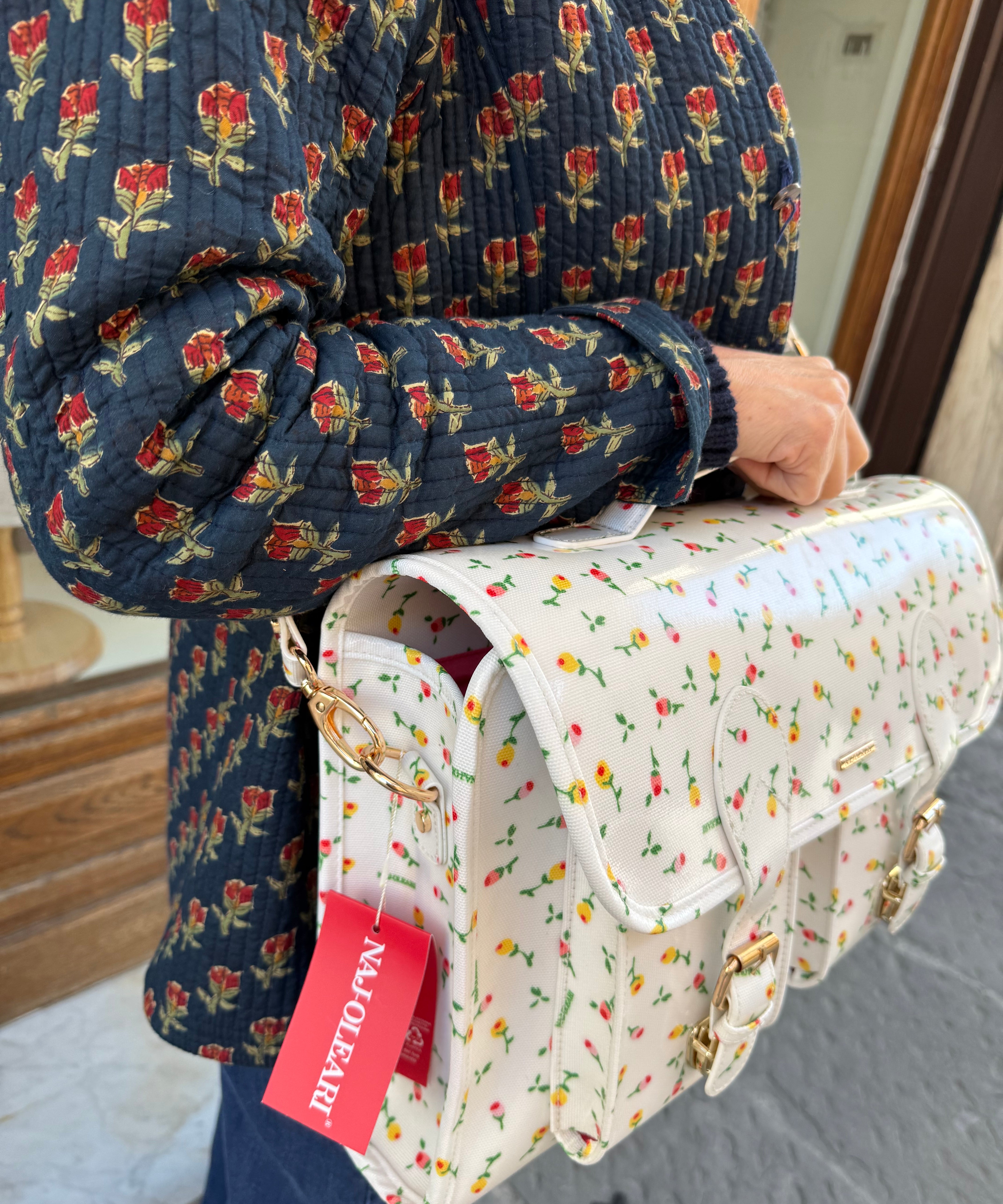 Borsa cartella grande con tracolla bianco con fiorellini colorati Naj-Oleari