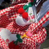 Borsa LAB con cappe vichy rosso e bianco charms cuore stoffa vintage e ciliegie crochet