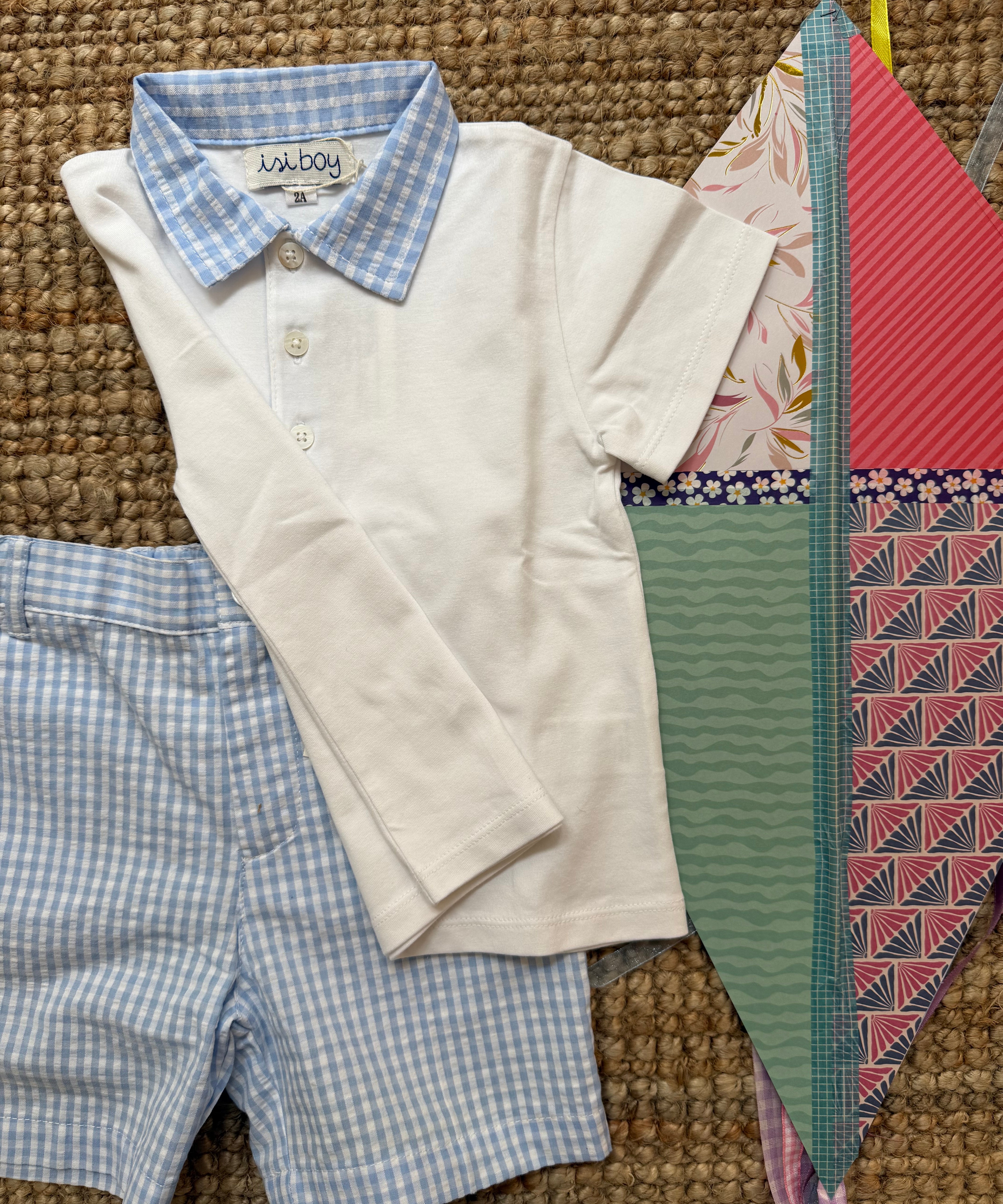 Completo polo in jersey bermuda vichy goffrato bianco e azzurro Malvi & Co S26B210PNQQ S26B203CAJJ