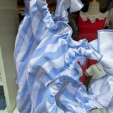 Costume LAB intero in cotone righe azzurro e bianco con fiocchi