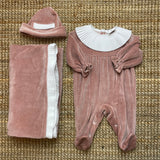 Newborn baby romper in antique pink chenille with pleated neck DBI2607B