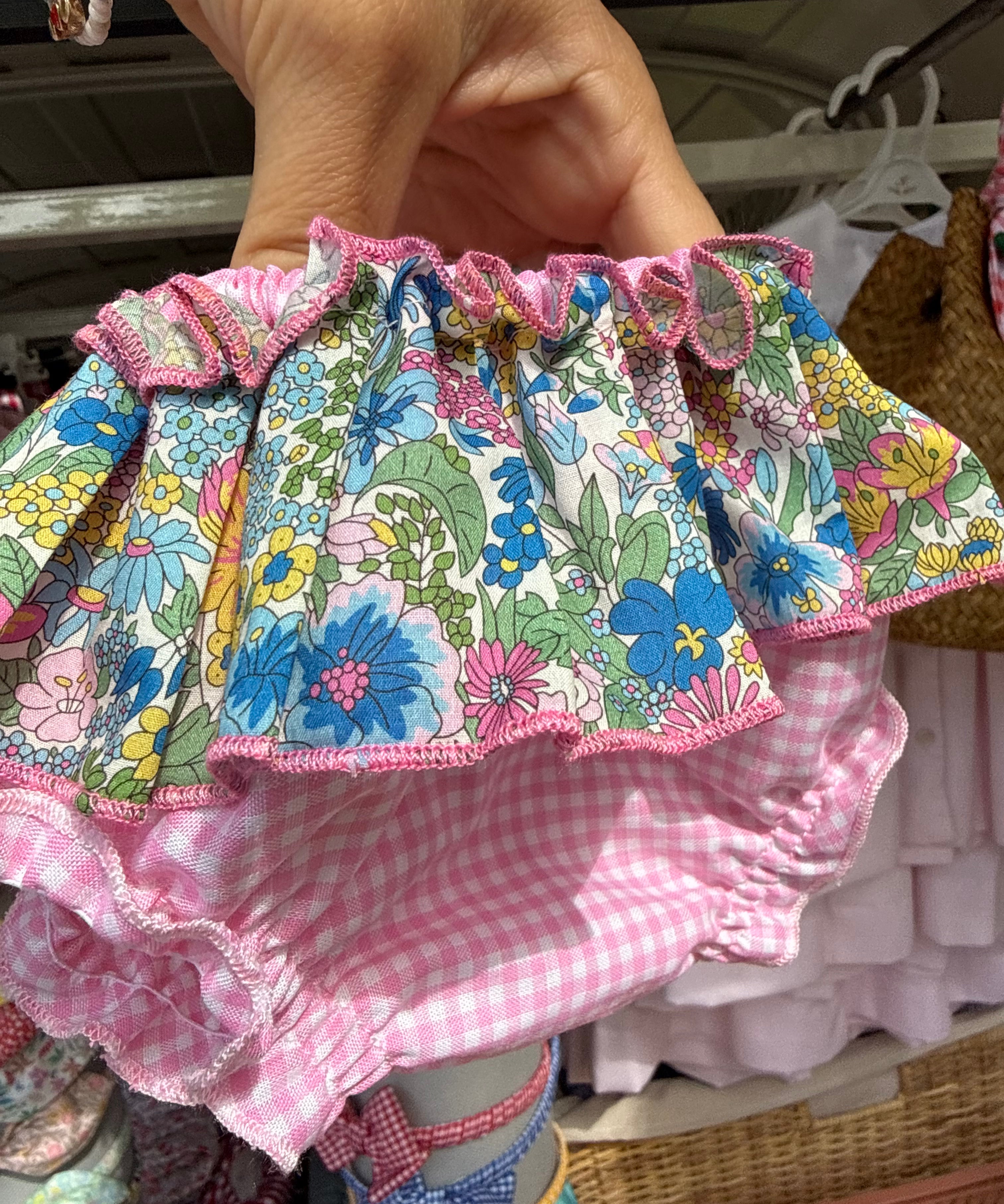 S027 Bloomers LAB coulotte in cotone vichy rosa e bianco con rouche fiorellini