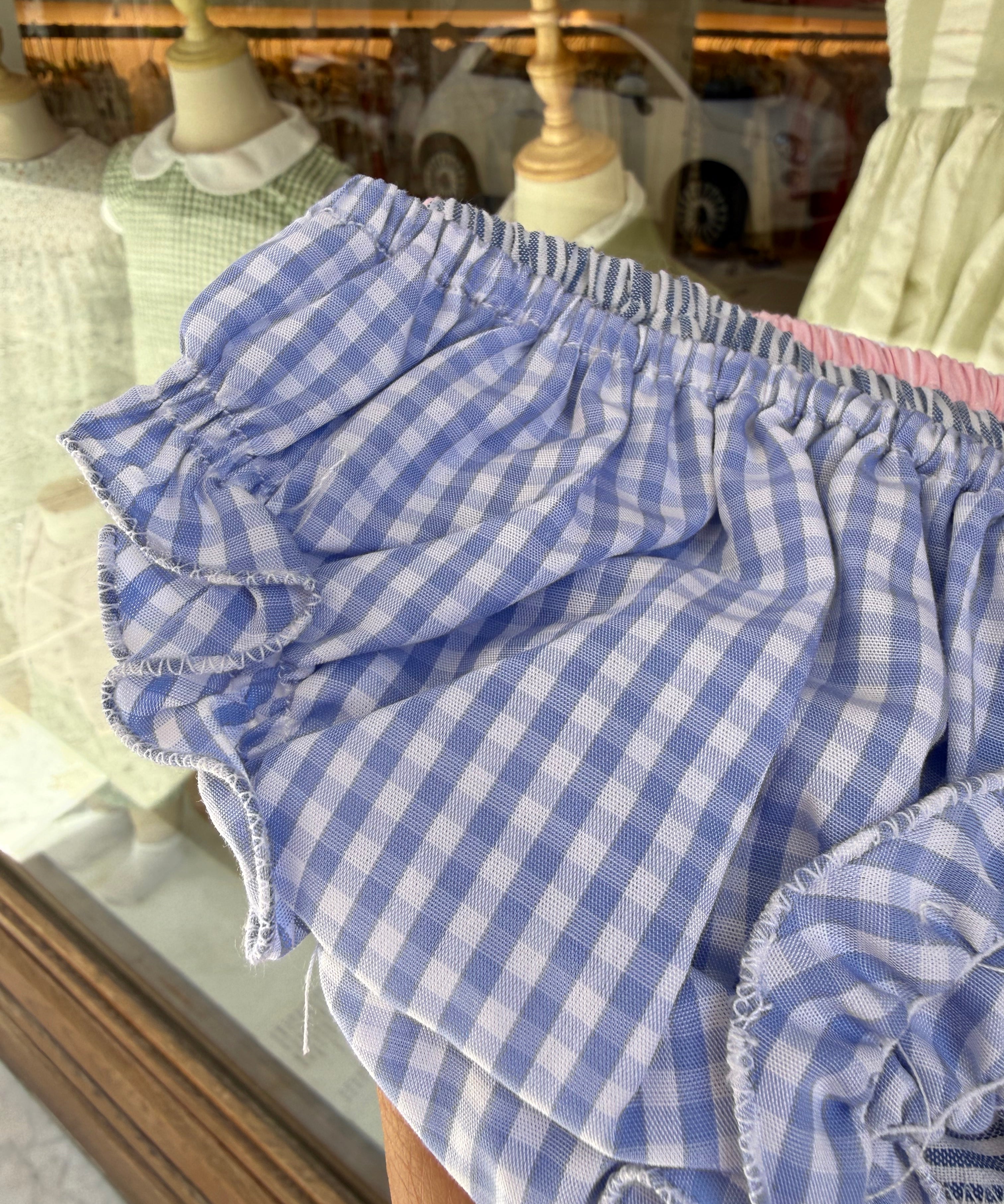 Bloomers LAB coulotte in cotone con rouches vichy bianco e azzurro