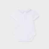 Completo newborn body con colletto ricamato e bermuda con bretelle micro vichy bianco azzurro DK119 DK120