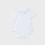 Completo newborn body con colletto ricamato e bermuda con bretelle micro vichy bianco azzurro DK119 DK120