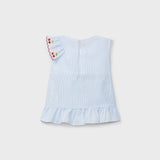 Completo righine azzurro e bianco con ciliegie top senza maniche frill in sbieco e shorts DK401 DK405