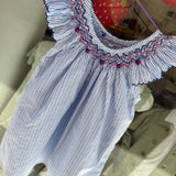 Abito LAB righine blu e bianco con ricamo punto smock
