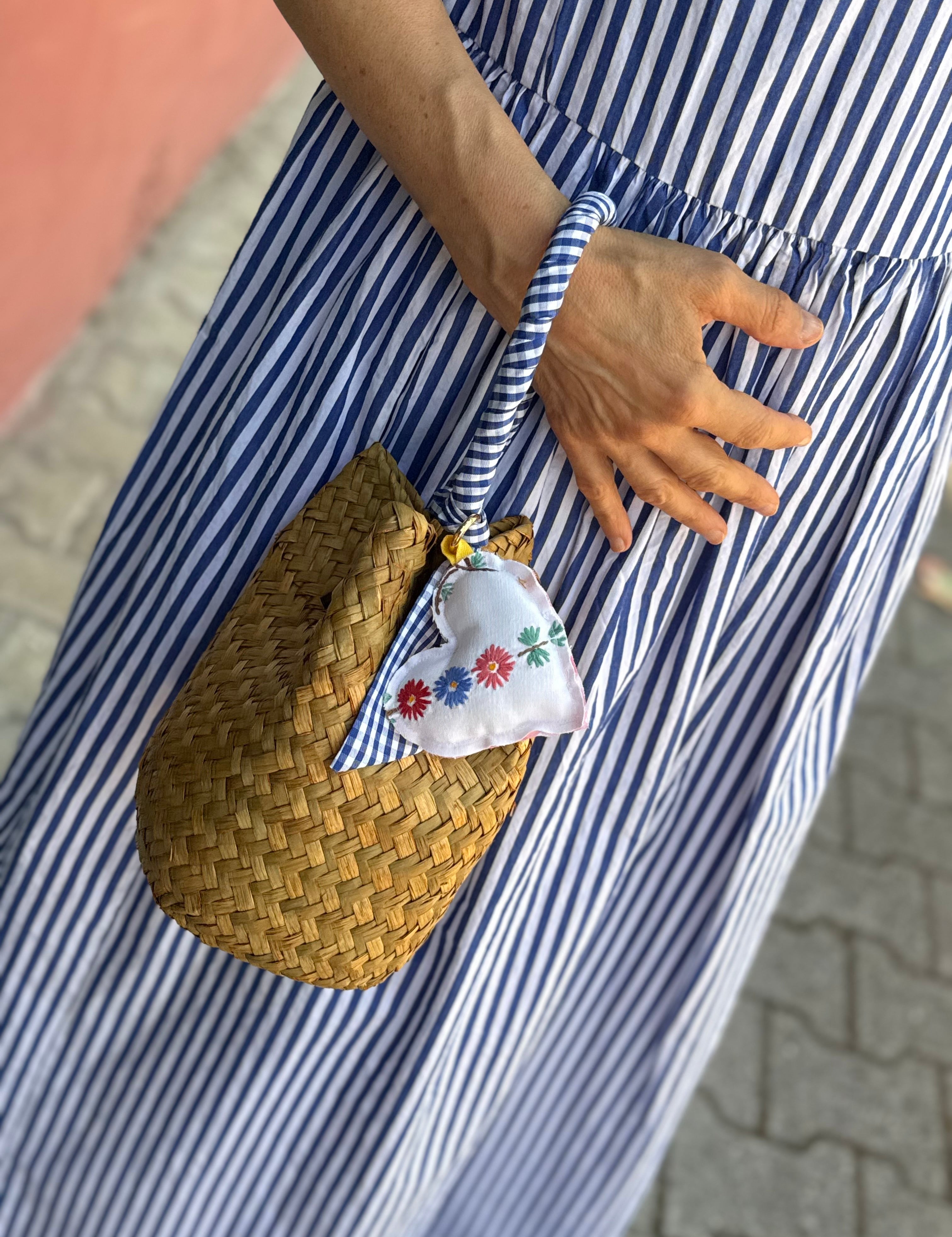 Borsa LAB paglia manico fantasia con cuore imbottito stoffa vintage