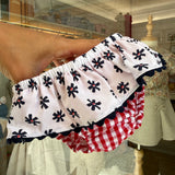 Costume LAB slip in cotone vichy rosso e bianco con rouche fiori