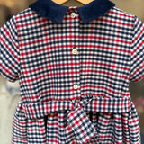 Abito quadretto blu bianco e rosso ricamo smock Malvi F26M012VENC