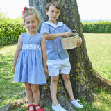 Abito ricamo smock righina blu Bégonia Kidiwi 36241