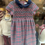 Abito quadretto blu bianco e rosso ricamo smock Malvi F26M012VENC