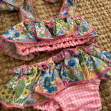 Costume LAB bikini in cotone vichy rosa e bianco con rouches fiorellini