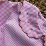 Camicetta LAB Clizia colletto ricamato funghetti quadretto vichy rosa e bianco con colletto petalo a manica lunga