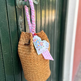 Borsa LAB paglia manico fantasia con cuore imbottito stoffa vintage