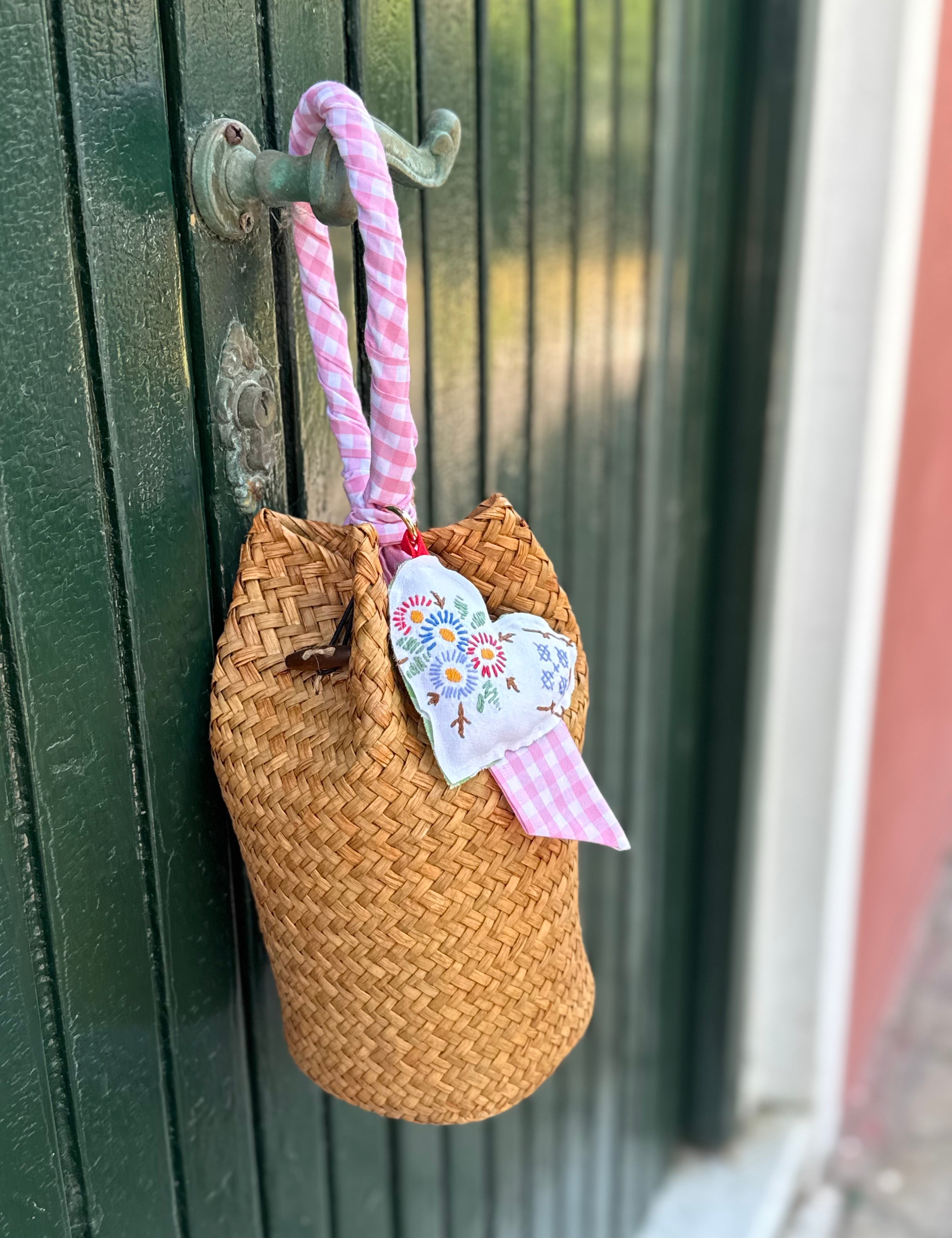 Borsa LAB paglia manico fantasia con cuore imbottito stoffa vintage