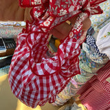 Costume LAB I09 intero in cotone vichy rosso e bianco con fiocchi