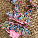Costume LAB bikini in cotone vichy rosa e bianco con rouches fiorellini
