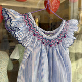 Abito LAB righine blu e bianco con ricamo punto smock