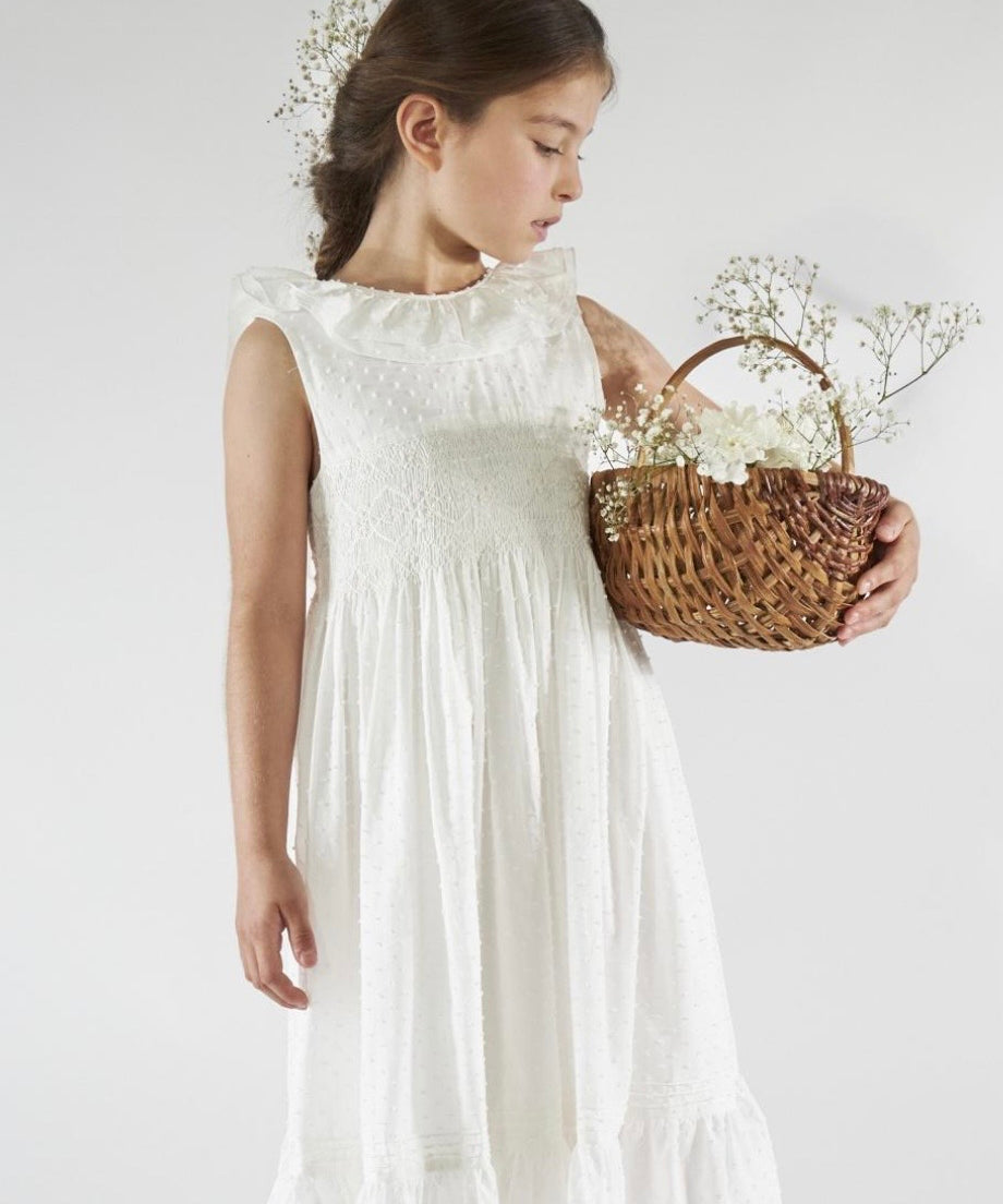 Abito ricamo smock plumetis bianco Mélanie Kidiwi 36261