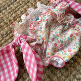 Costume LAB slip in cotone fiorellini con fiocchi vichy fucsia e bianco