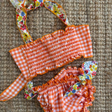 Costume LAB B02 bikini in cotone vichy arancio e bianco con dettagli fiorellini