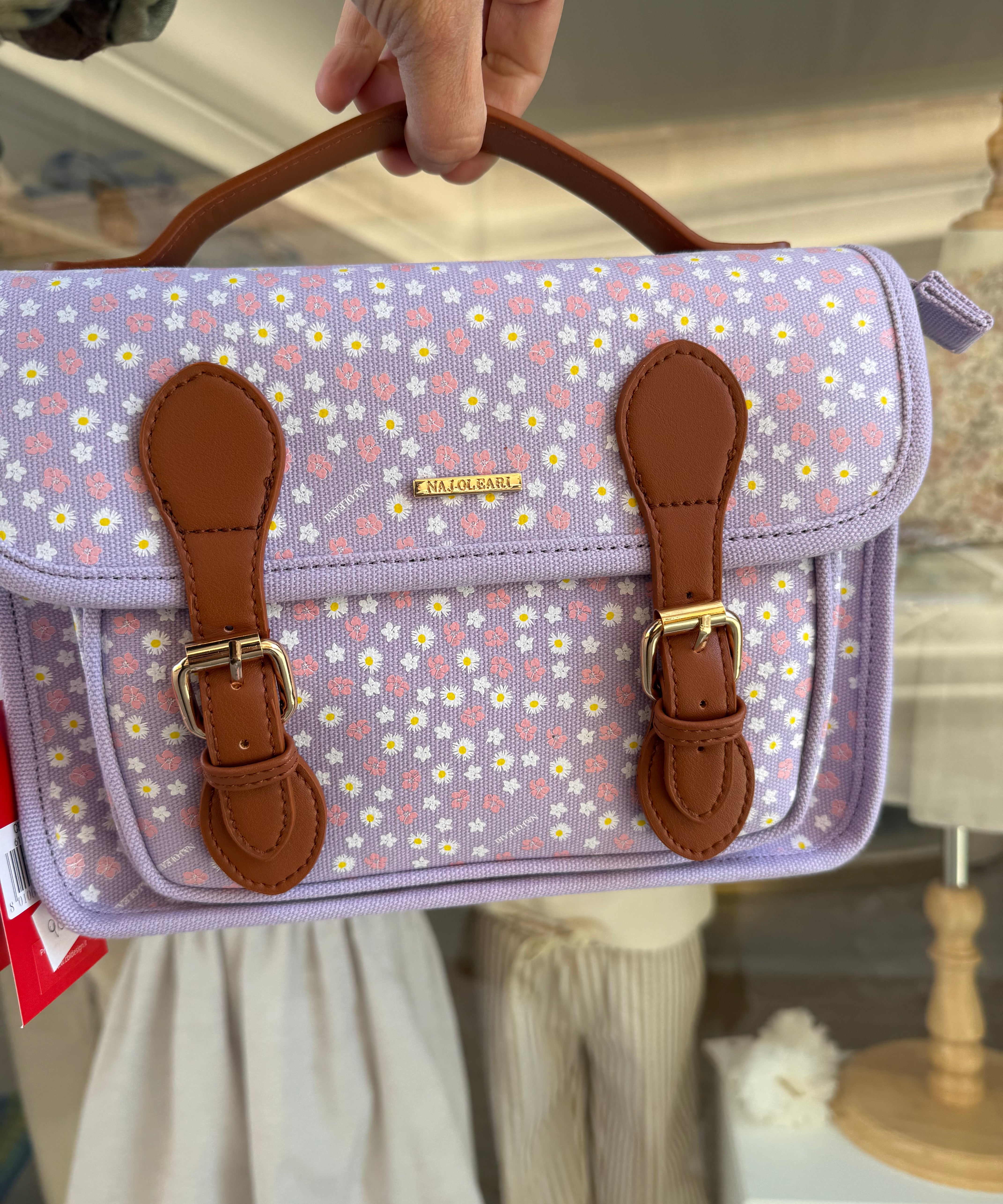 Borsa cartella media con tracolla lilla con fiorellini Naj-Oleari
