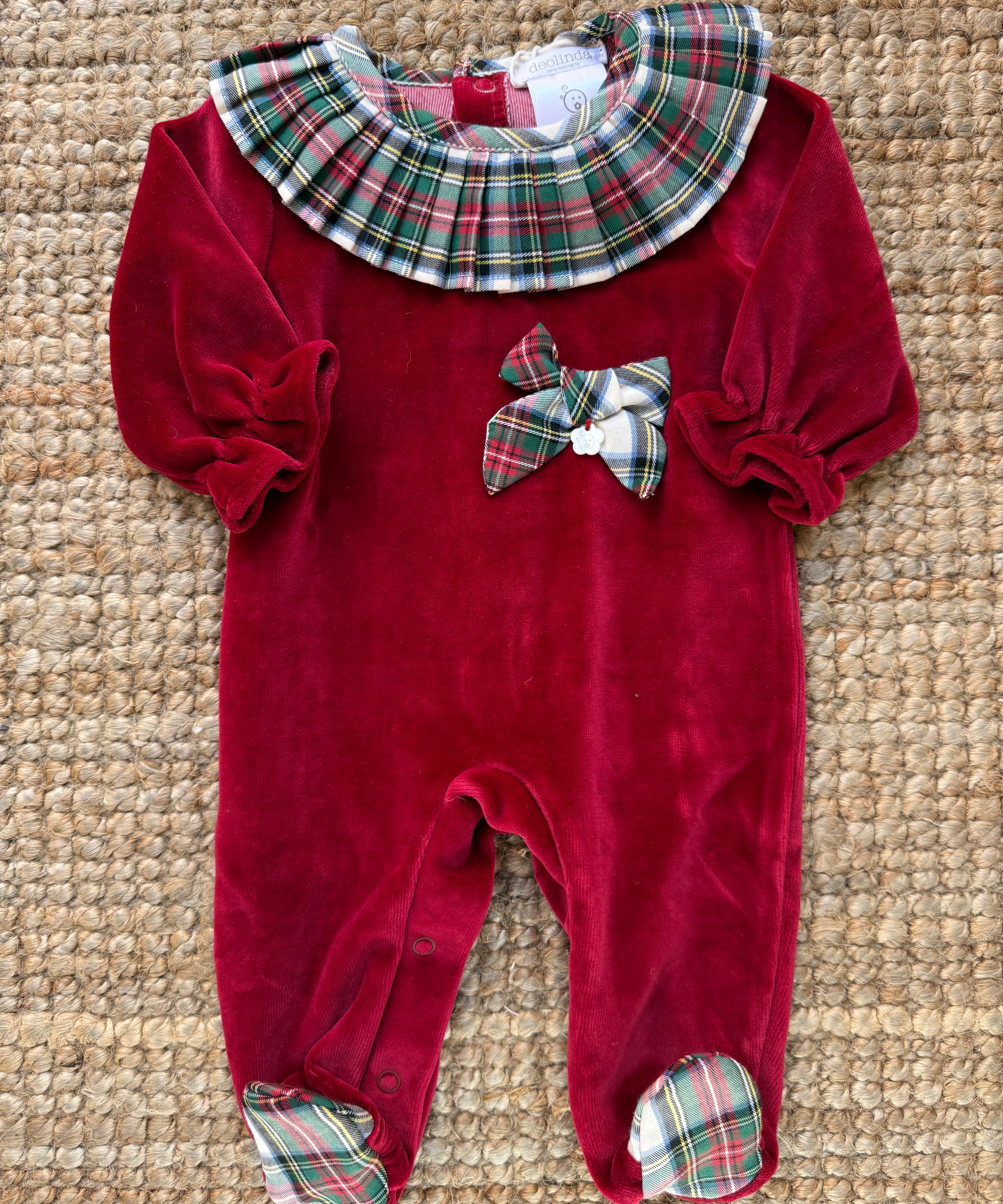 Tutina newborn ciniglia dettaglio collo frill tartan DBI24119 Deolinda