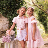 Camicetta crop vichy rosa e bianco con fiocco HN26124