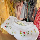 T-shirt LAB mezza manica ricamata a mano fiori rosa e margherite