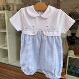 Pagliaccetto in jersey dettagli righe goffrate azzurro e bianco con ricamo Malvi & Co S26N161TURR