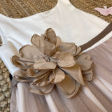 Abito in raso gonna tulle beige scuro con cintura HN20034