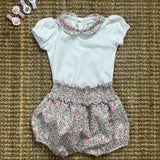 Completo spezzato newborn body con colletto fantasia e bloomers punto smock fiorellini rosa 789102 752102