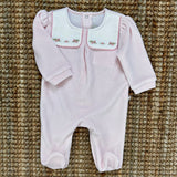 Baby pink chenille newborn romper with embroidered square collar 06264