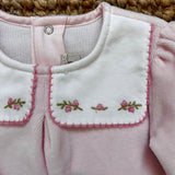 Baby pink chenille newborn romper with embroidered square collar 06264