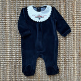 Navy blue chenille newborn romper with embroidery 065008