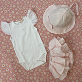 Completo spezzato newborn body maniche volants e bloomers rouches rirghine bianco e rosa SU17G SU43G