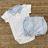 Completo newborn body con colletto fantasia e coulotte righine bianco e azzurro SU17B SU44B