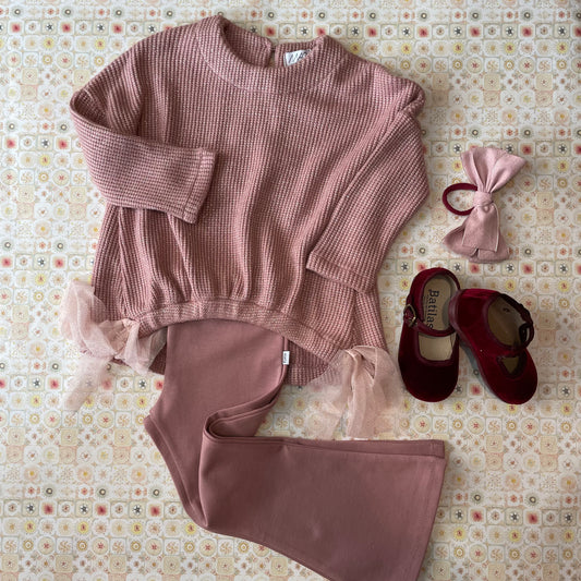 Completo rosa maglia lurex dettaglo fiocco in tulle e pantalone zampetta art EN25118 e EN21119