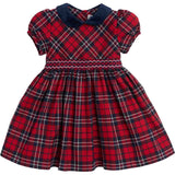 Abito tartan rosso e blu ricamo punto smock FCCM003VERR