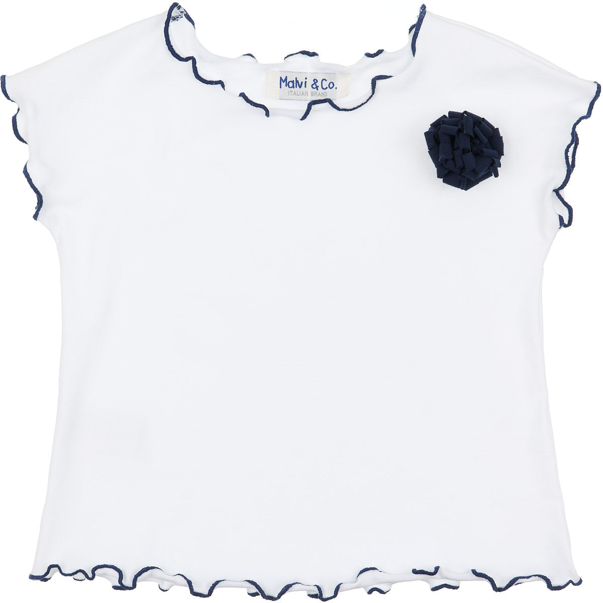 T-shirt senza maniche con bordini blu e spilla fiore SCCM034CAJJ